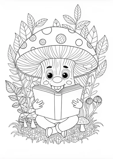 A coloring page of Magic Mushrooms and the Storybook Forest