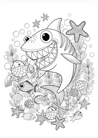 A coloring page of Smiling Shark in the Ocean Coloring Page