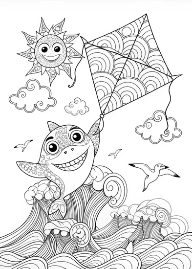 A coloring page of Flying Shark Kite Adventure