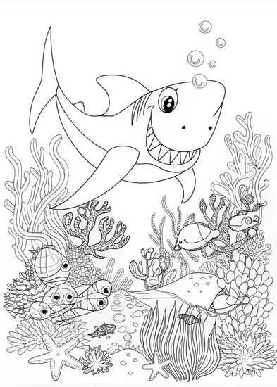 A coloring page of Happy Shark in Ocean Adventure