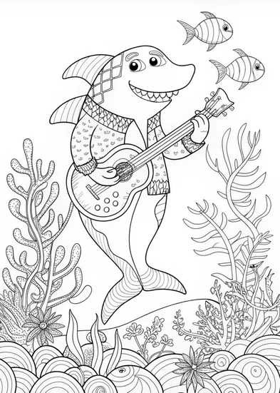 A coloring page of Rockin’ Shark with Guitar Coloring Page