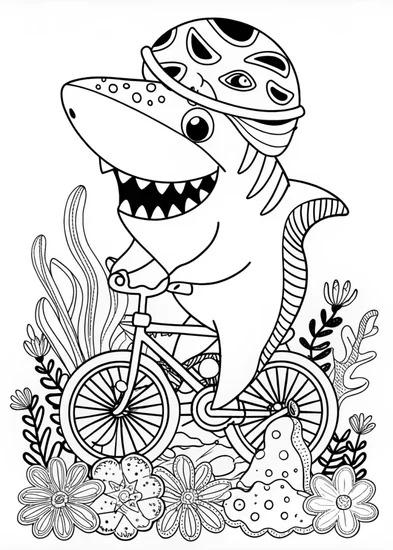 A coloring page of Shark Riding a Bicycle Adventure