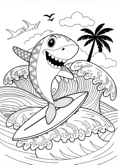 A coloring page of Shark Surfing Adventure