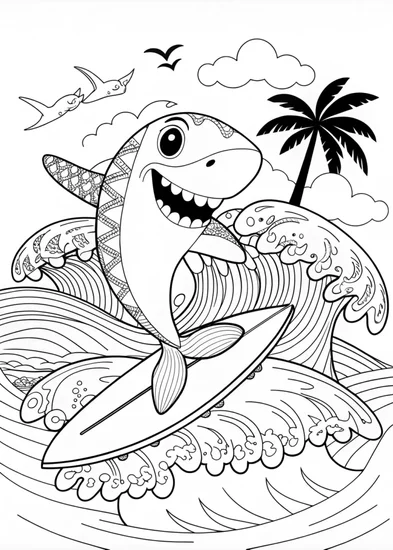 A coloring page of Shark Surfing Adventure