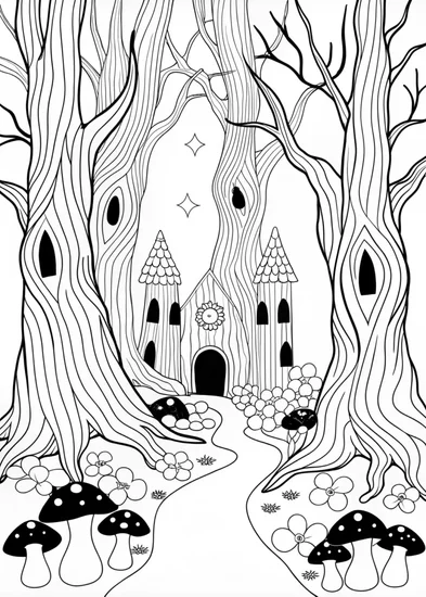 A coloring page of A Haunting in the Enchanted Forest