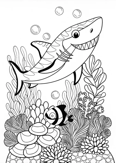 A coloring page of A shark and a clownfish