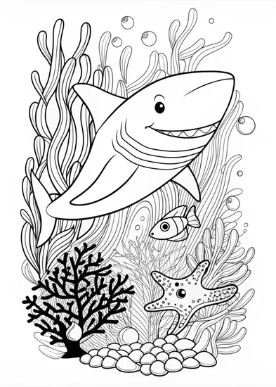 A coloring page of Shark and Fish