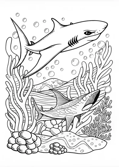 A coloring page of A shark and a manta ray