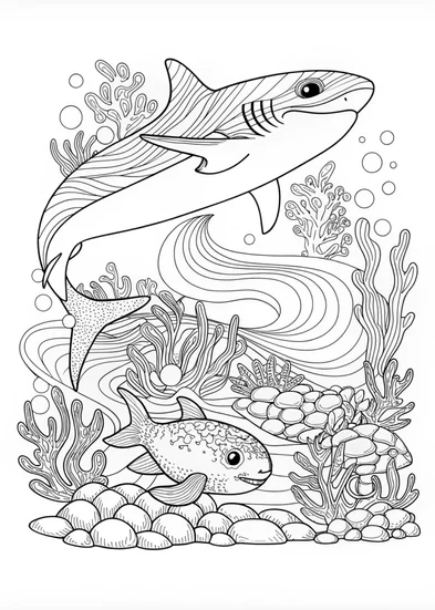 A coloring page of Ocean Adventure with Sharks