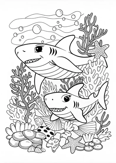 A coloring page of Two Sharks Swimming
