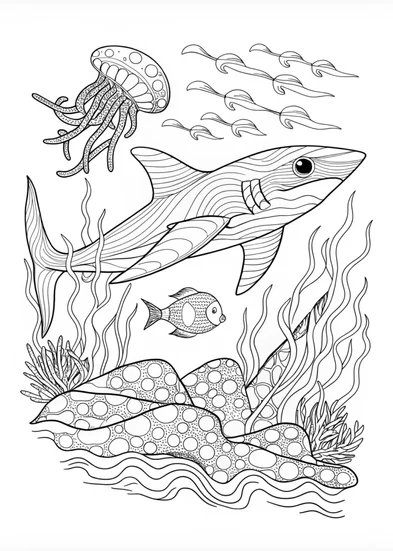 A coloring page of Shark and Octopus Underwater Adventure Coloring Page