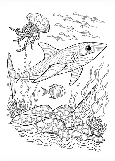 A coloring page of Shark and Octopus Underwater Adventure Coloring Page