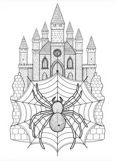 A coloring page of Castle and Spider Web Adventure Coloring Page