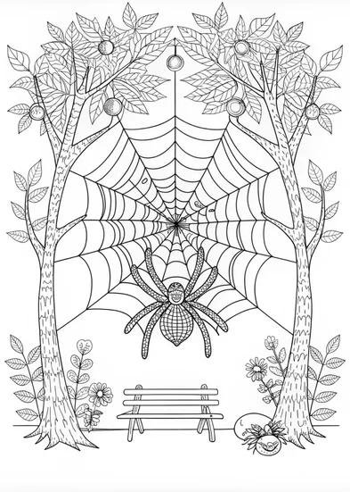 A coloring page of Spider and Web in the Forest