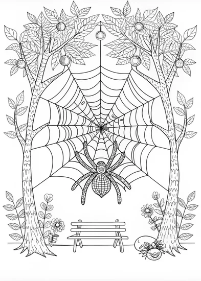 A coloring page of Spider and Web in the Forest