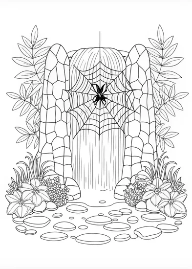 A coloring page of Spider Over the Waterfall Coloring Page