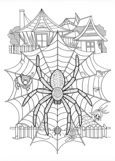 A coloring page of Spider in a Web at a Zoo