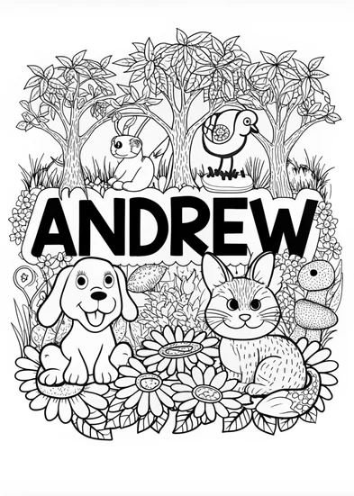 A coloring page of ANDREW’s Animal Friends Coloring Page