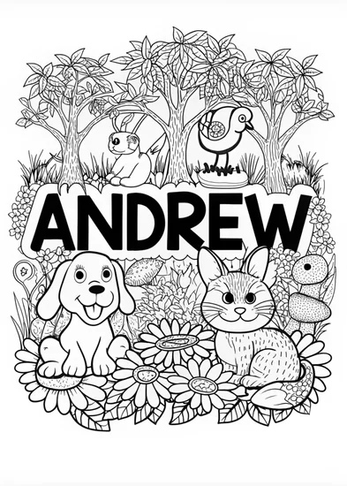 A coloring page of ANDREW’s Animal Friends Coloring Page