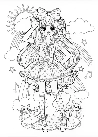 A coloring page of Anime Girl in a Flower Garden Coloring Page
