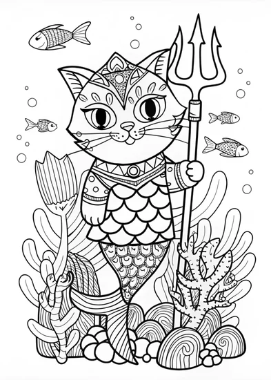 A coloring page of Regal Cat by the Serene Lake