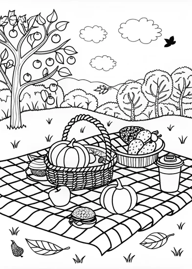 A coloring page of Autumn Picnic in the Park Coloring Page