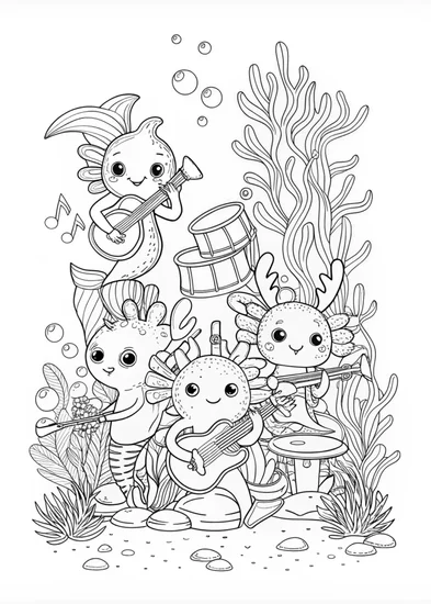 A coloring page of Axolotl’s Underwater Music Jam