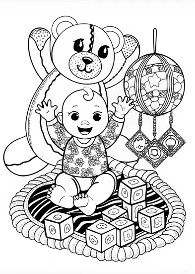 A coloring page of Baby Playing with Building Blocks Coloring Page