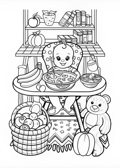 A coloring page of Baby Mealtime Fun Coloring Page