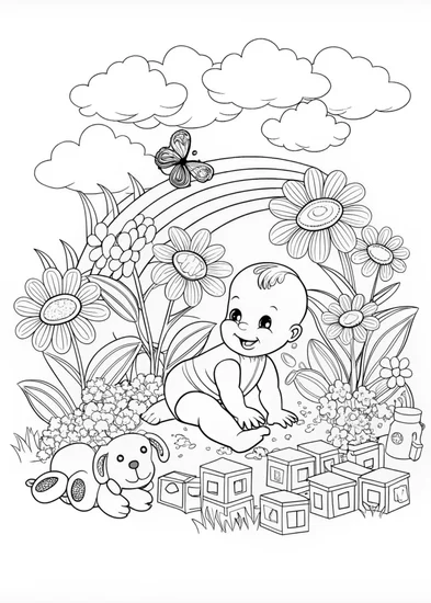 A coloring page of Baby’s Colorful Exploration Adventure