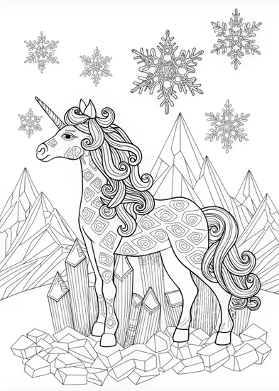 A coloring page of Majestic Unicorn in the Mountains Coloring Page