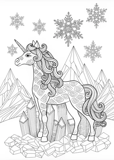 A coloring page of Majestic Unicorn in the Mountains Coloring Page