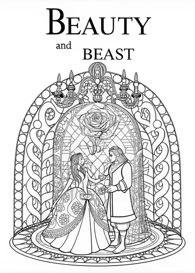 A coloring page of Belle and Beast’s Enchanted Dance