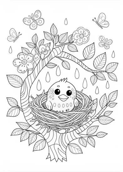 A coloring page of Birdie in the Cozy Nest