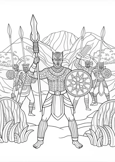 A coloring page of Black Panther Leading The Wakandan Army Into Battle