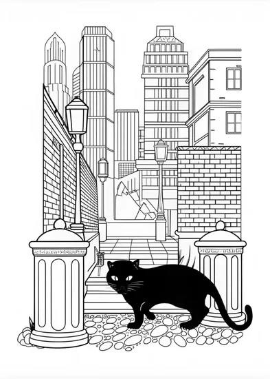 A coloring page of Black Panther in the City Streets