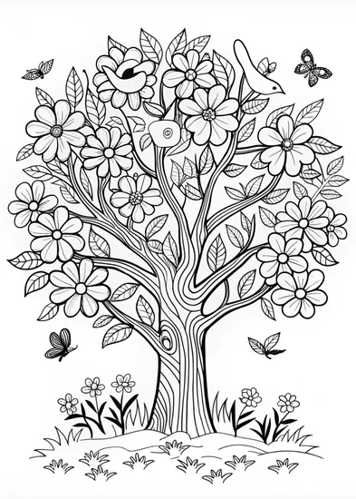 A coloring page of Blossoming Tree Coloring Page