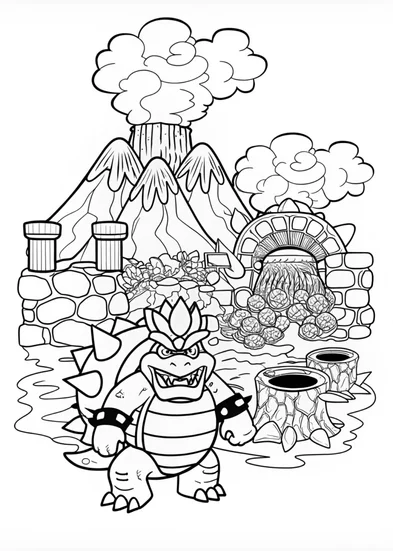 A coloring page of Bowser in the Mountainous Wilderness