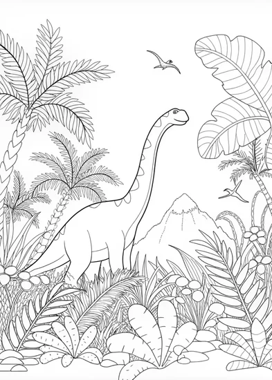 A coloring page of Brachiosaurus Strolling Through a Prehistoric Garden