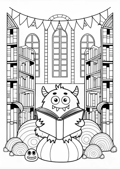 A coloring page of Bubbly the Monster’s Book Reading Adventure