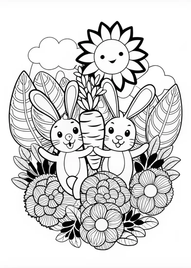 A coloring page of Bunny Love and Carrots Coloring Page