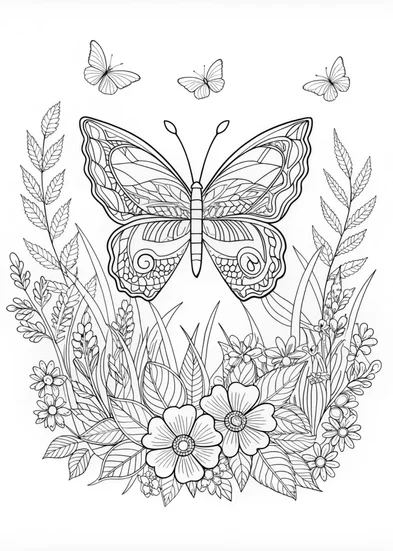A coloring page of Fluttering butterflies in a colorful garden