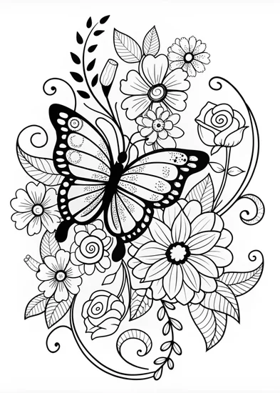 A coloring page of Butterfly and Blossoms Coloring Page