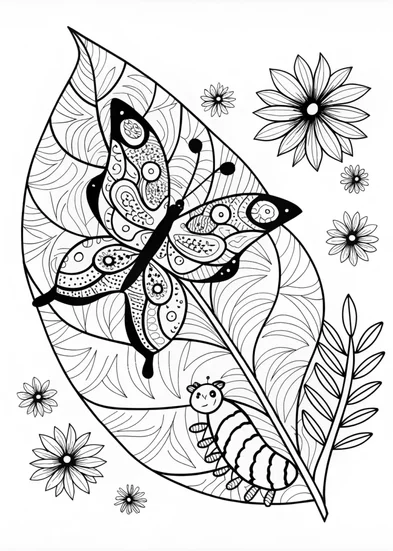 A coloring page of Butterfly and Caterpillar on a Leaf