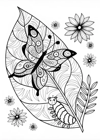 A coloring page of Butterfly and Caterpillar on a Leaf
