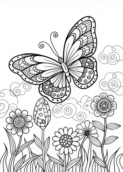 A coloring page of Butterfly Blossom Delight