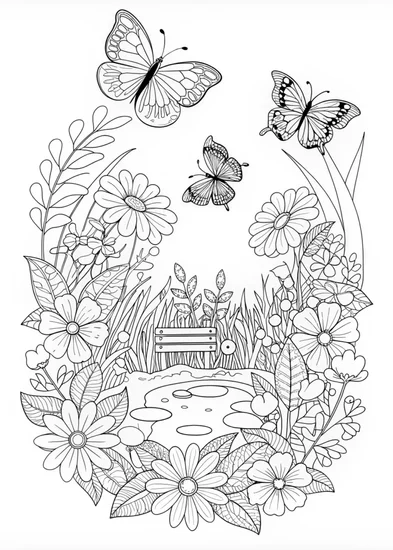 A coloring page of Butterfly Garden Bliss Coloring Page