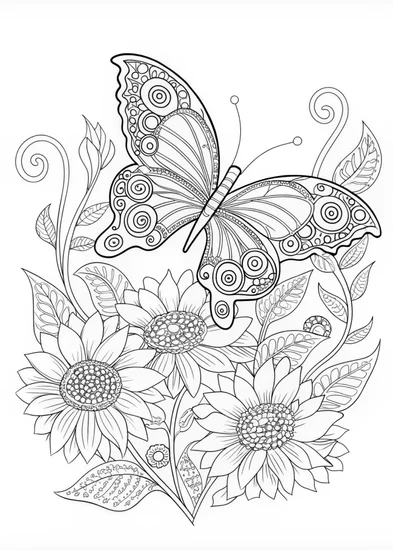 A coloring page of Butterfly on a Sunflower