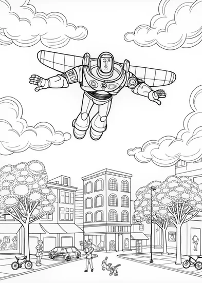 A coloring page of Buzz Lightyear Soaring Above the City