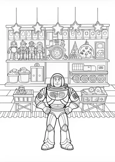 A coloring page of Buzz Lightyear in the Toy Aisle Coloring Page